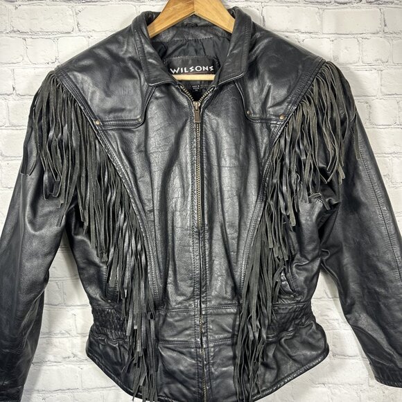 Vintage Wilsons Leather Jacket Womens Medium Black Fringe Western Cropped Biker - Picture 2 of 11